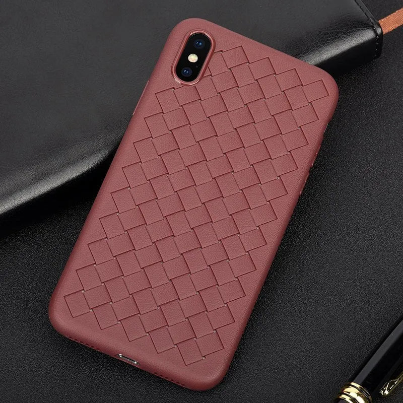 Luxury grid weaving pattern iPhone case in colour options, showing raised screen edges and precise button cutouts.