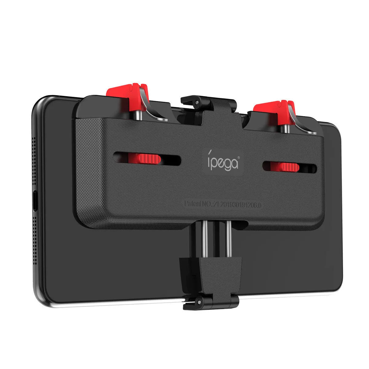 Black mobile phone gaming trigger handle with adjustable metal trigger and telescopic phone clip extended
