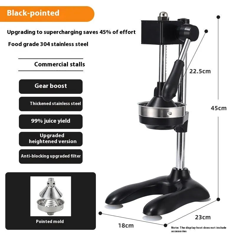 Vertical stainless steel manual juicer with zinc alloy base in choice of colours with pointed, flat or double head options