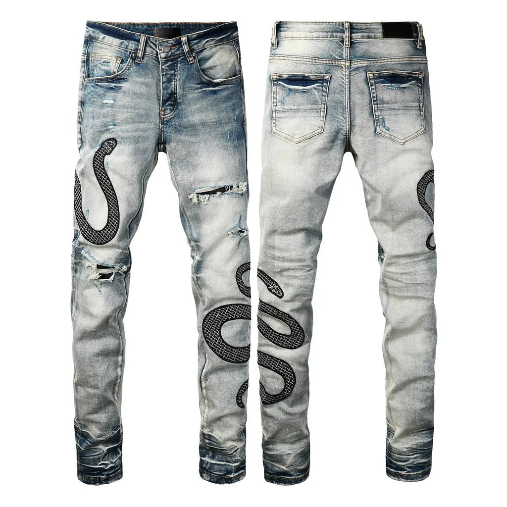 Men's blue distressed skinny jeans with a wash effect and button fly