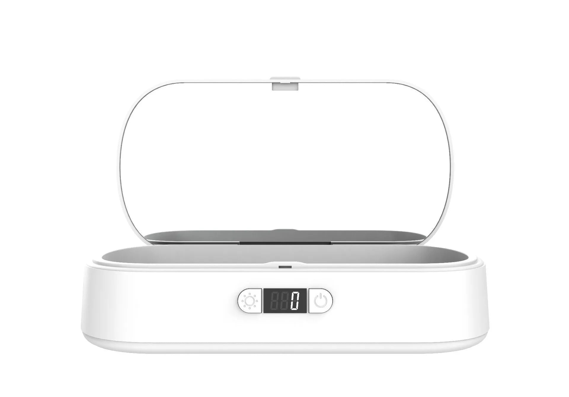 White ABS UV steriliser and wireless charging box for mobile phones and toothbrushes.