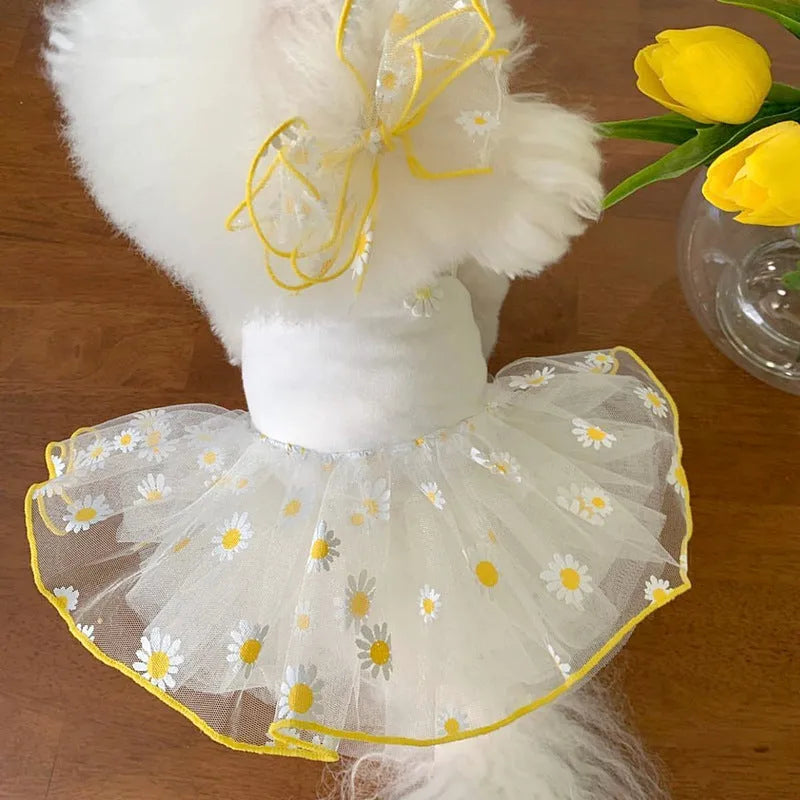 Yellow daisy print dog clothes for summer in lightweight polyester fabric