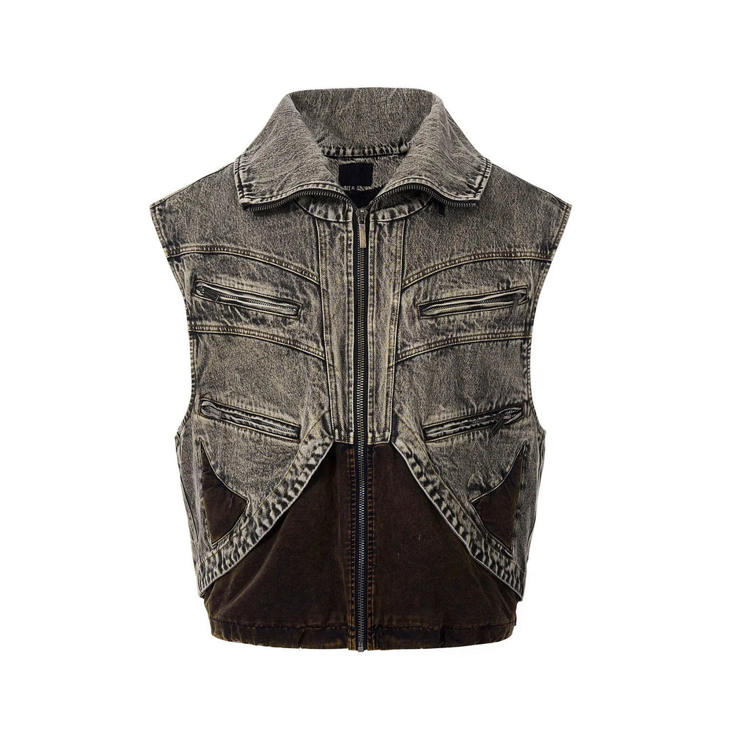 Men's blue splicing denim vest with zip front, shown sleeveless on a hanger.