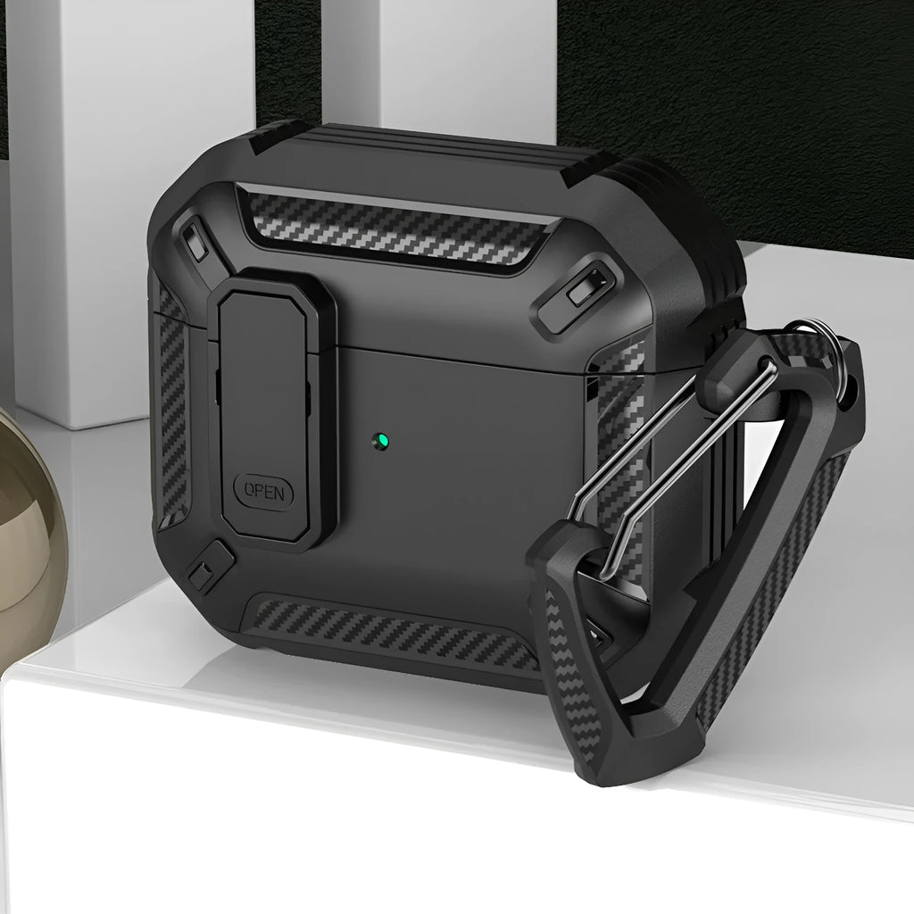Two-tone plastic clamshell protective case for AirPods with a hook accessory.