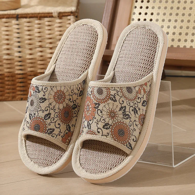 Women's linen open toe slippers in multiple colours with thickened sole