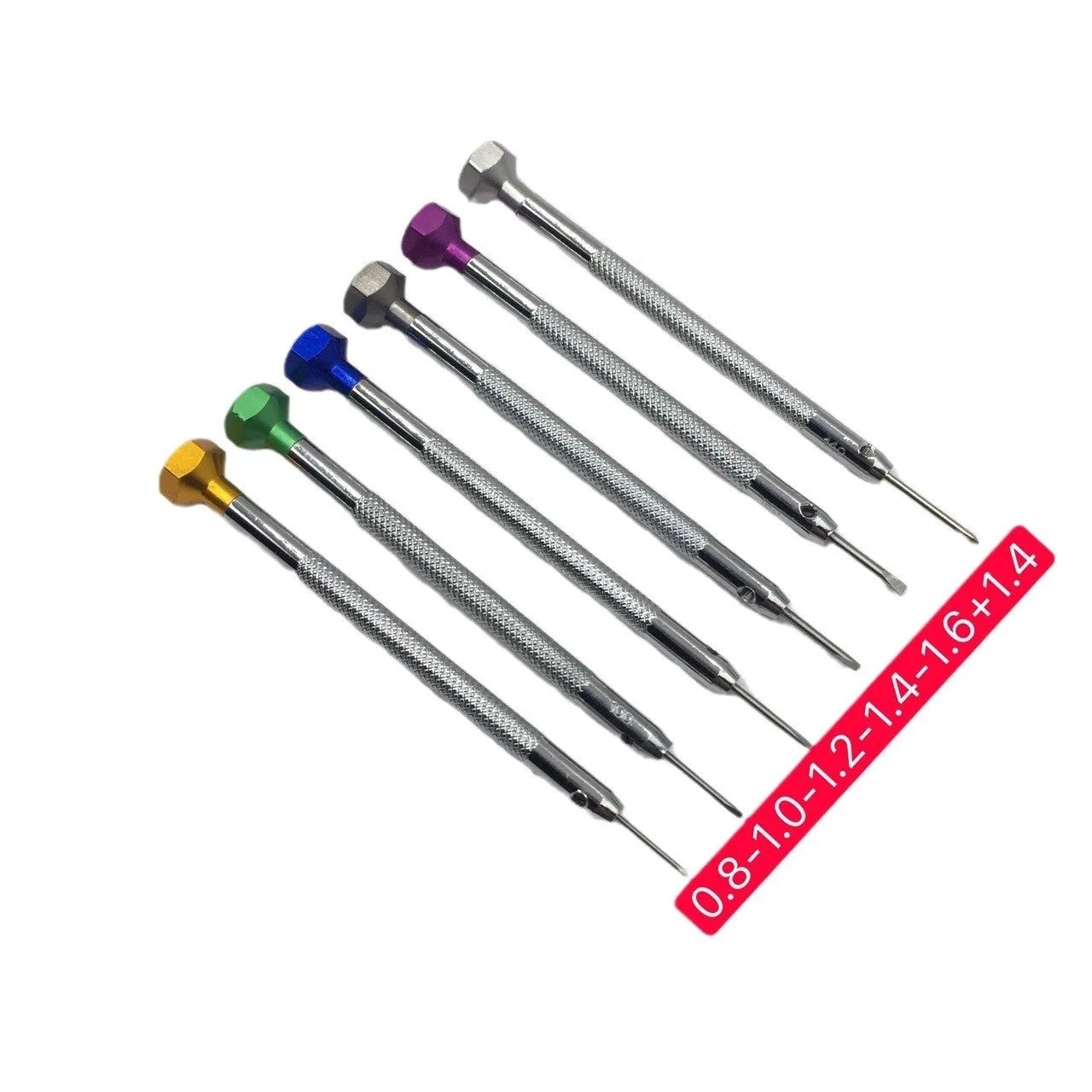 Six colour-coded aluminium handle screwdrivers with copper grips for watch and precision repair work.