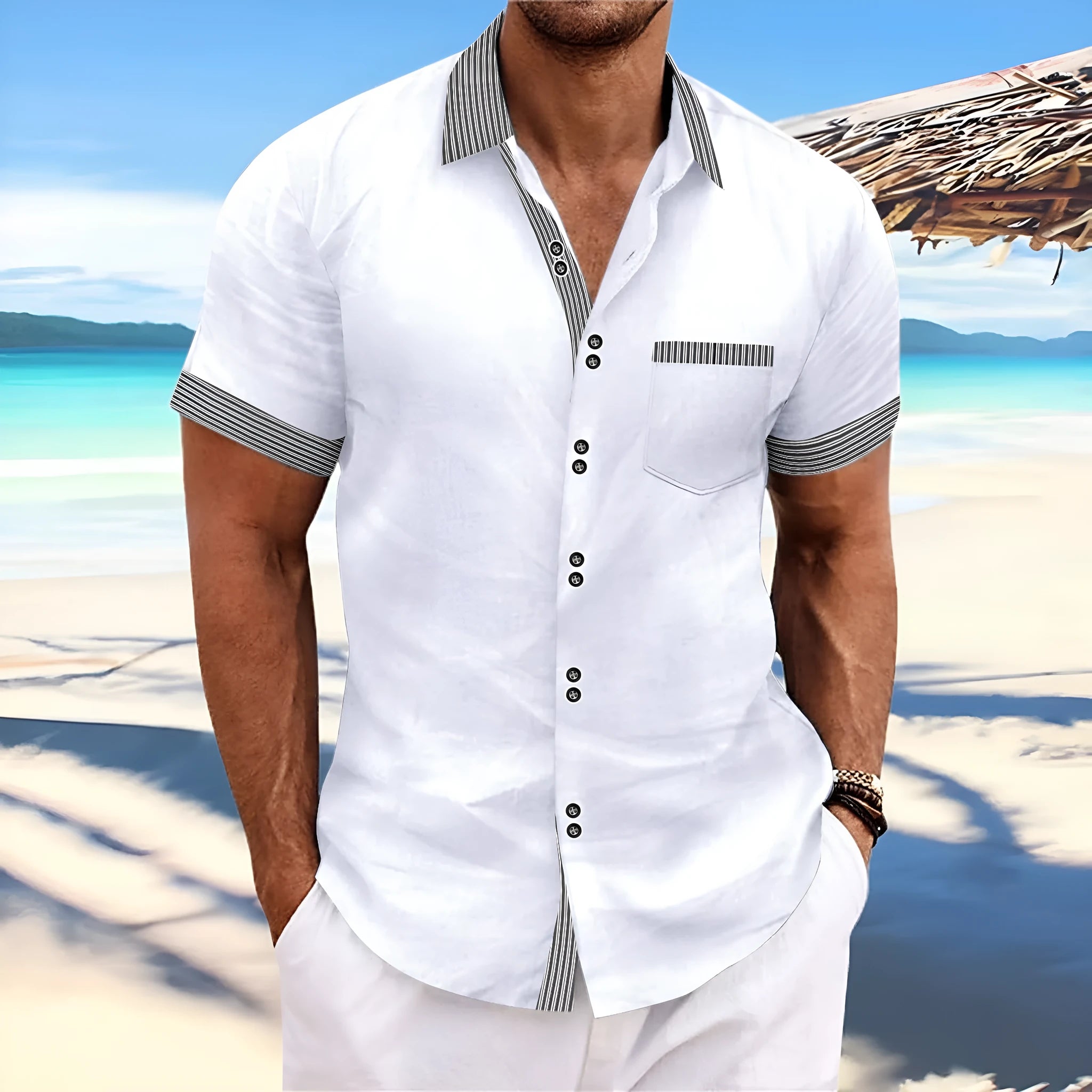 Men's slim fit striped casual shirt in pure cotton with double button short sleeves.