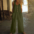 Sleeveless wide leg cotton jumpsuit in army green with pockets and loose fit