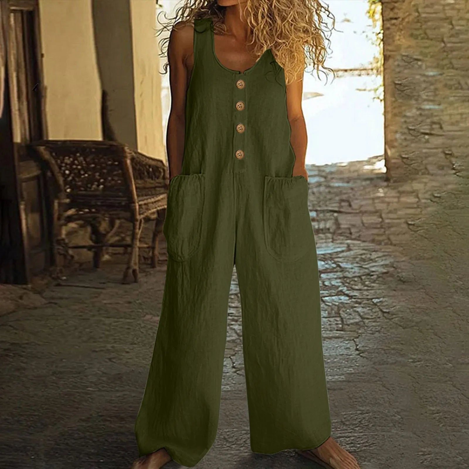 Sleeveless wide leg cotton jumpsuit in army green with pockets and loose fit