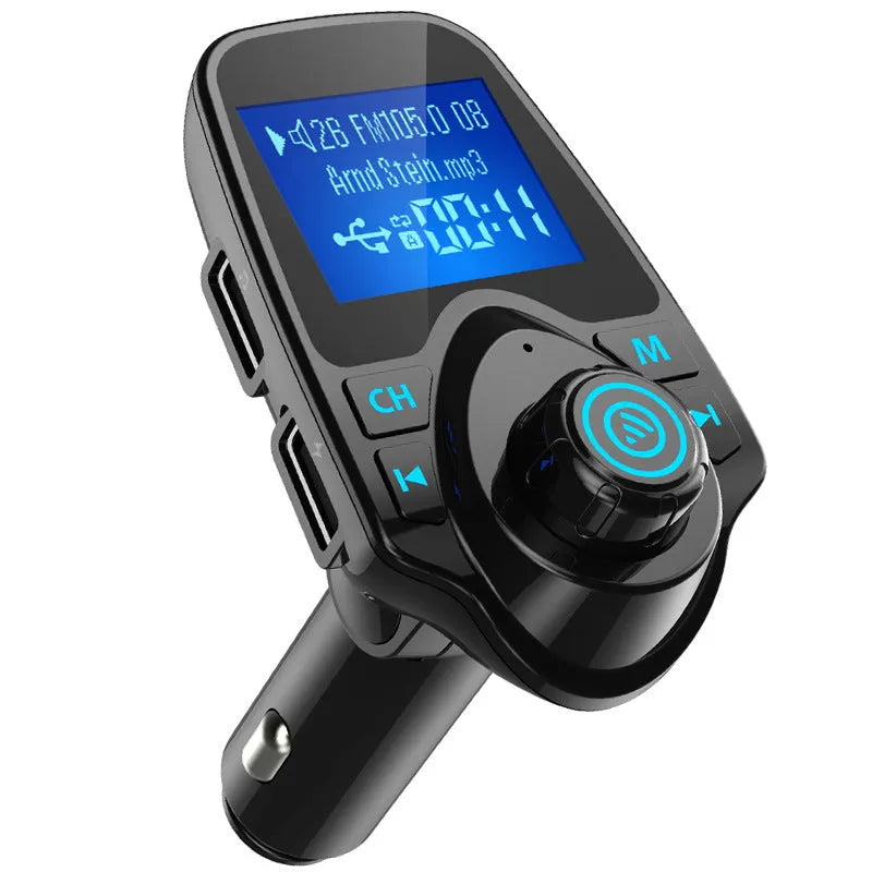 Black car Bluetooth hands-free FM transmitter with USB port and TF card slot.