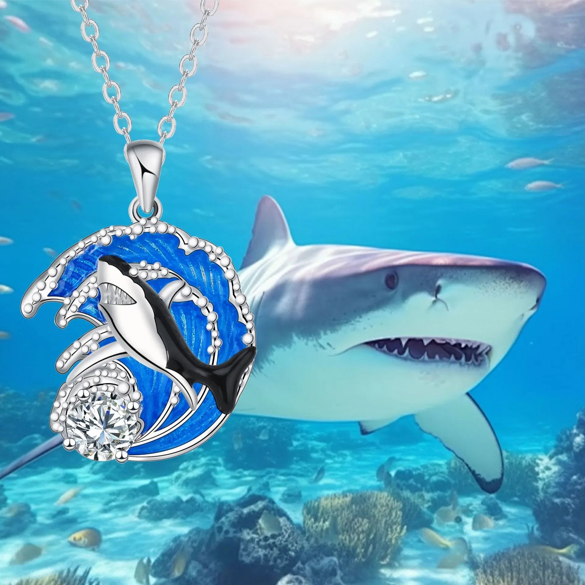 Shark women's necklace with electroplated copper pendant and cross chain design