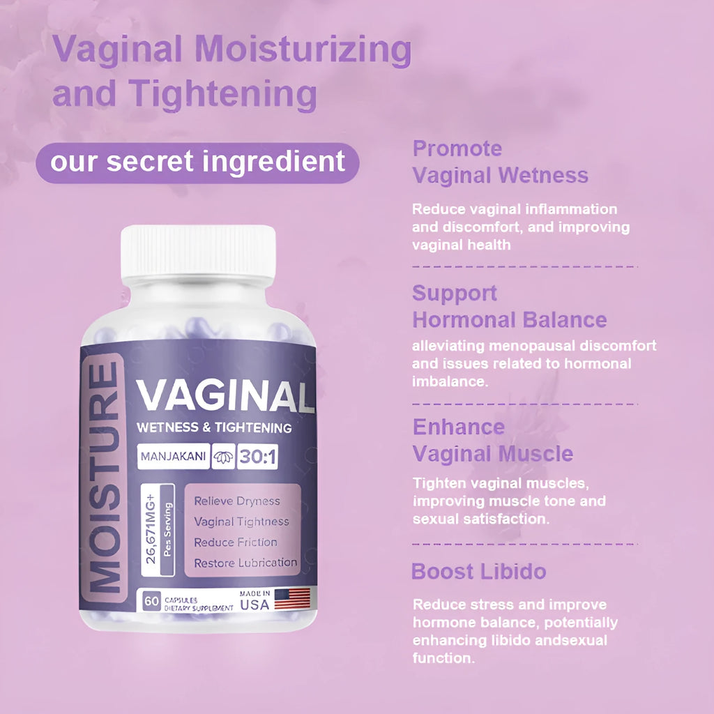 Bottle containing 60 vaginal capsules for adult use with extraction-formulated herbal supplement