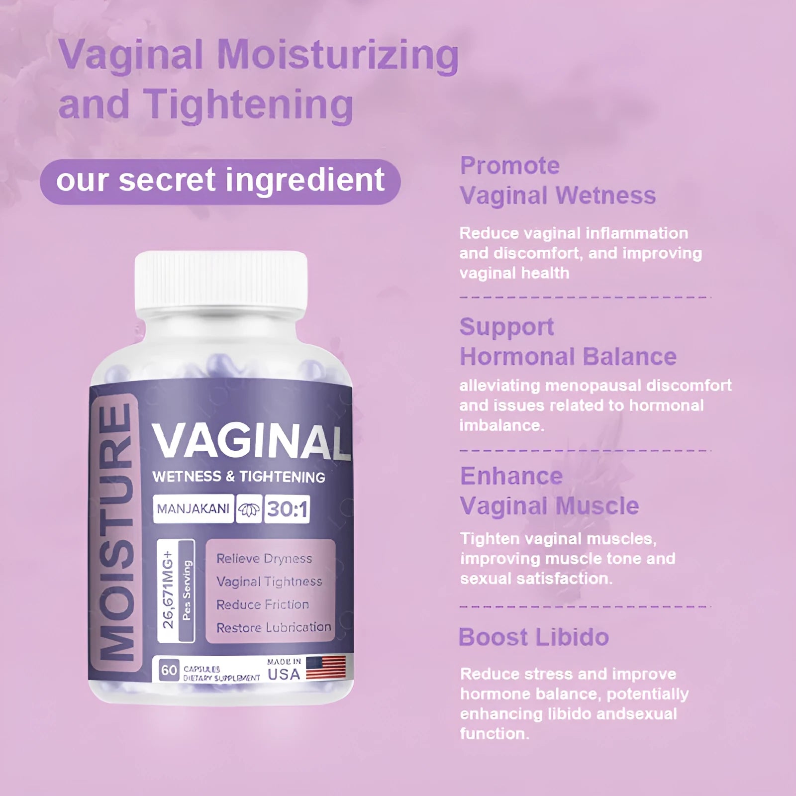 Bottle containing 60 vaginal capsules for adult use with extraction-formulated herbal supplement