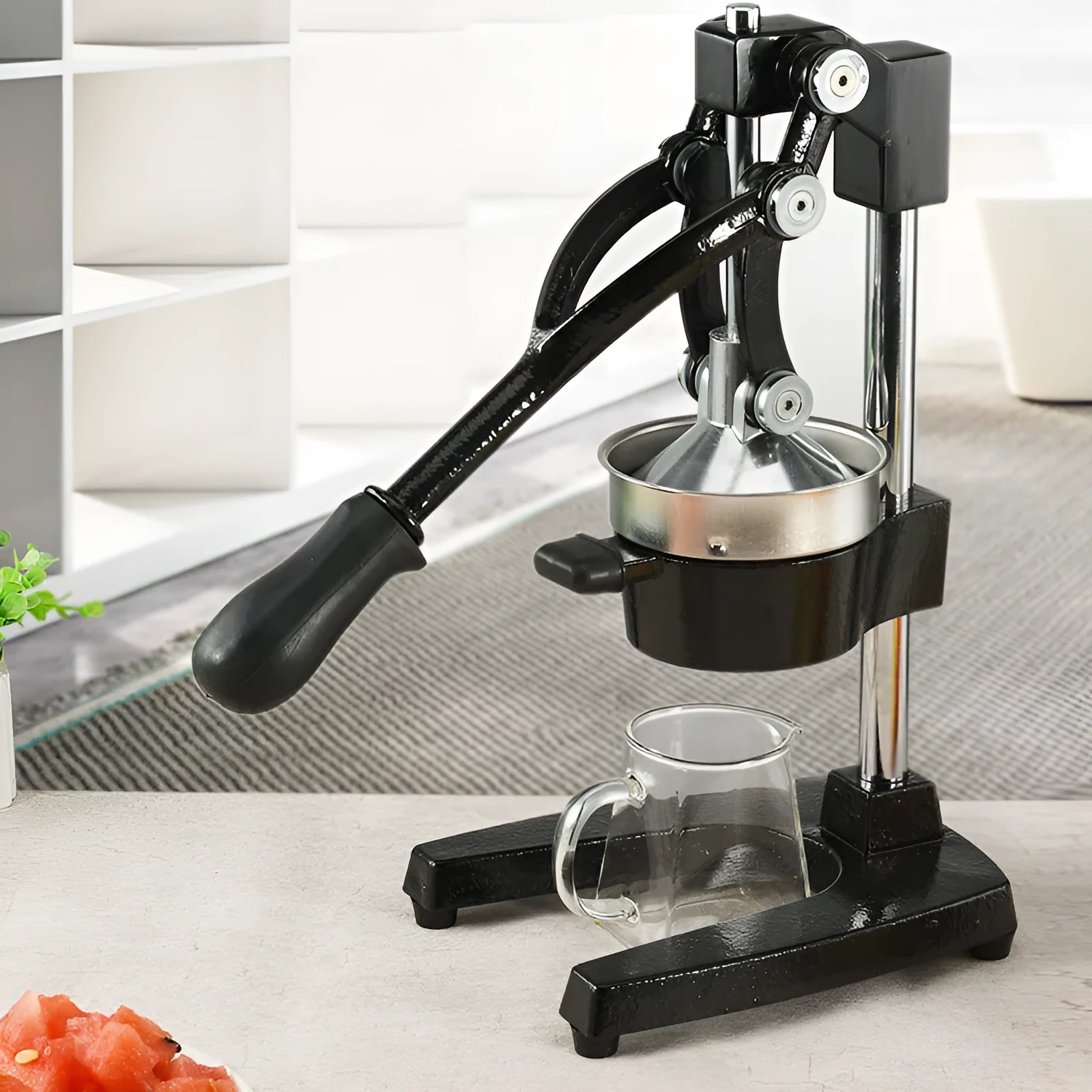 Cast iron manual citrus juicer with stainless steel strainer in black colour