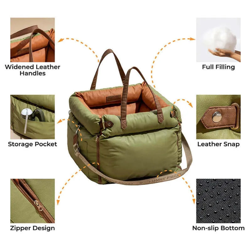Green waterproof pet car nest with removable cover for dogs, dimensions 55cm by 50cm by 45cm