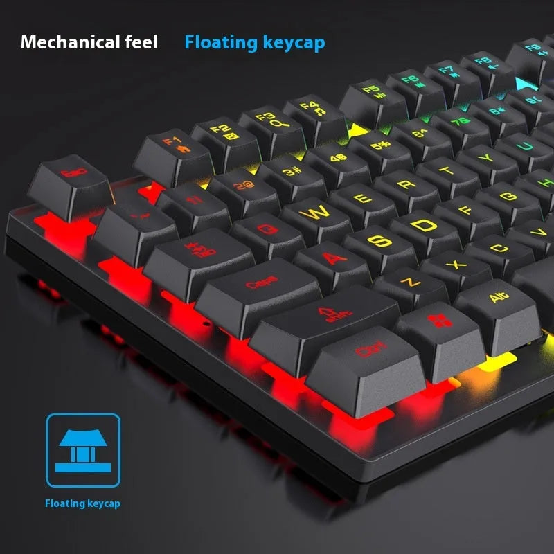 Black 104-key backlit gaming keyboard with mouse on desk, showing compact ABS build and 1.5m cable