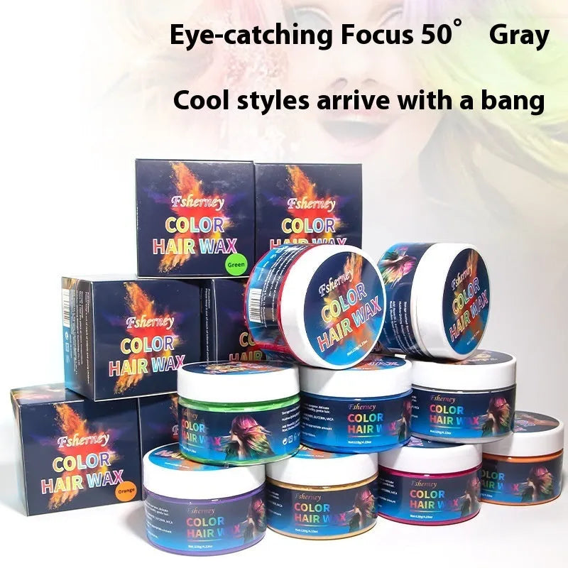 120g container of hair styling clay shown in one of nine colour options: blue, green, purple, red, orange, yellow, white, rose red, or granny grey.