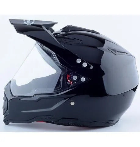 Dual-use full face motorcycle helmet in ABS material, side view showing full face shell and rally-style design
