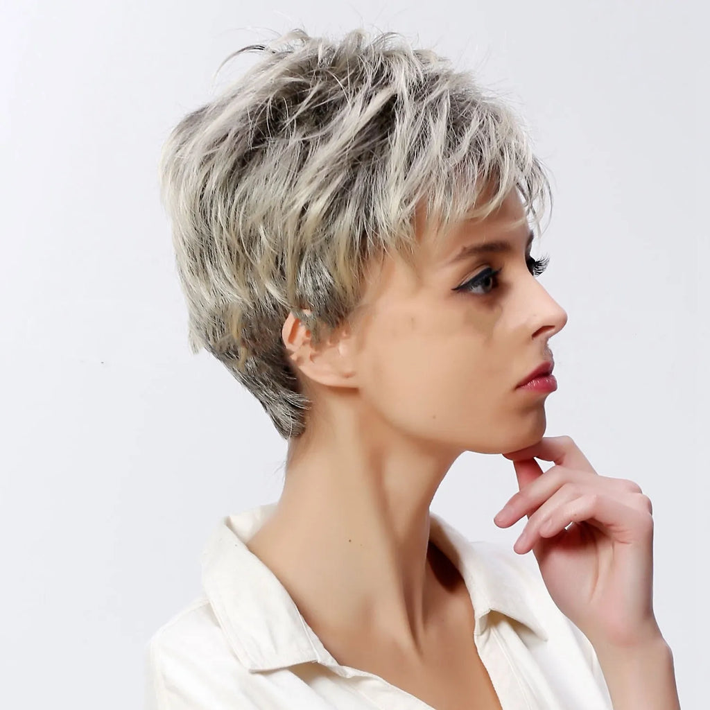 White short hair set with flower detail, 8 inch length, full mechanism construction, 90g