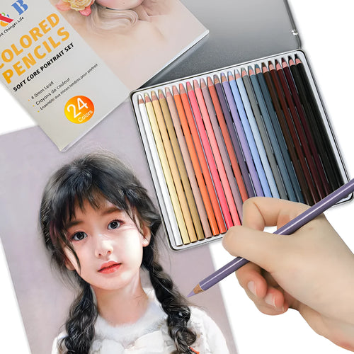 24 skin colour pencils for portrait art stored in a round metal iron box
