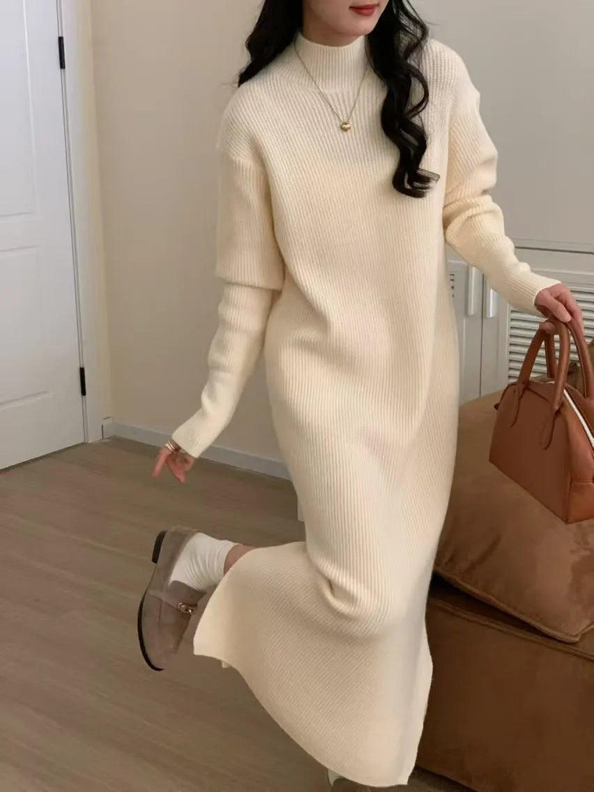 Women's beige half turtleneck knitted dress with long sleeves and high waist
