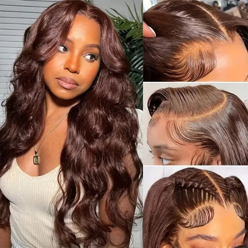 Women's dark brown front lace wig with long curly hair and side bangs, exotic style.