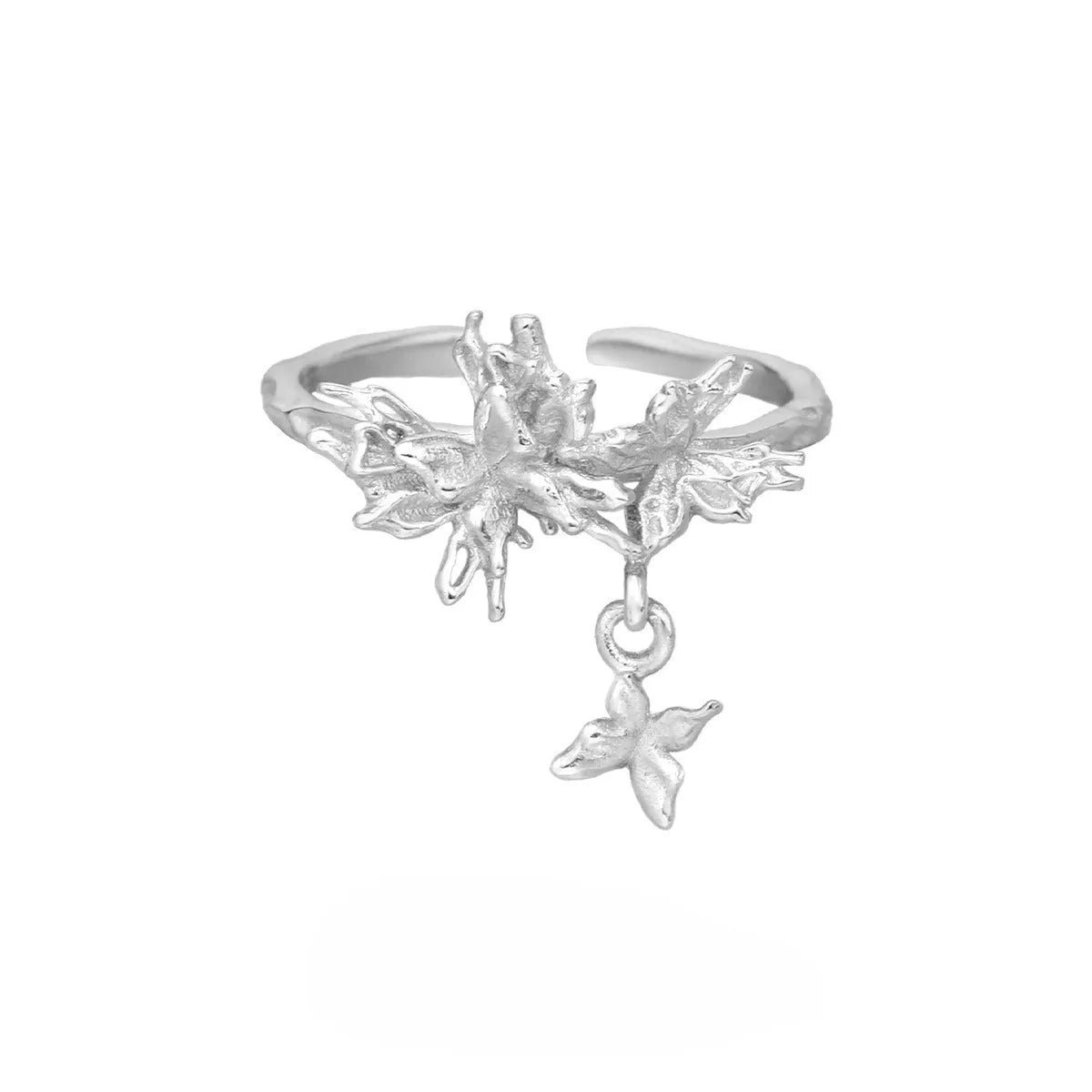 Adjustable silver butterfly ring with white gold or 18K gold electroplating, showing insect motif and open band design