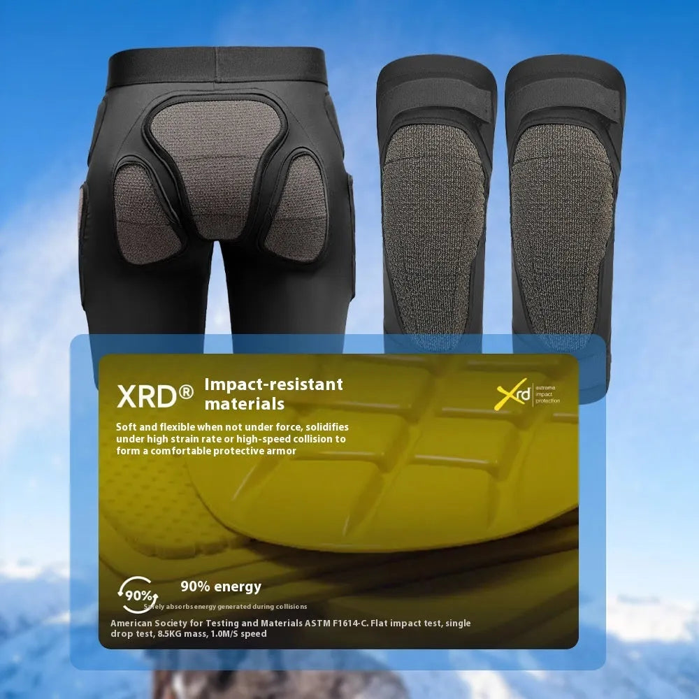 X-ray diffraction skiing hip pad and knee pad set for anti-fall protection in snow sports and cycling.
