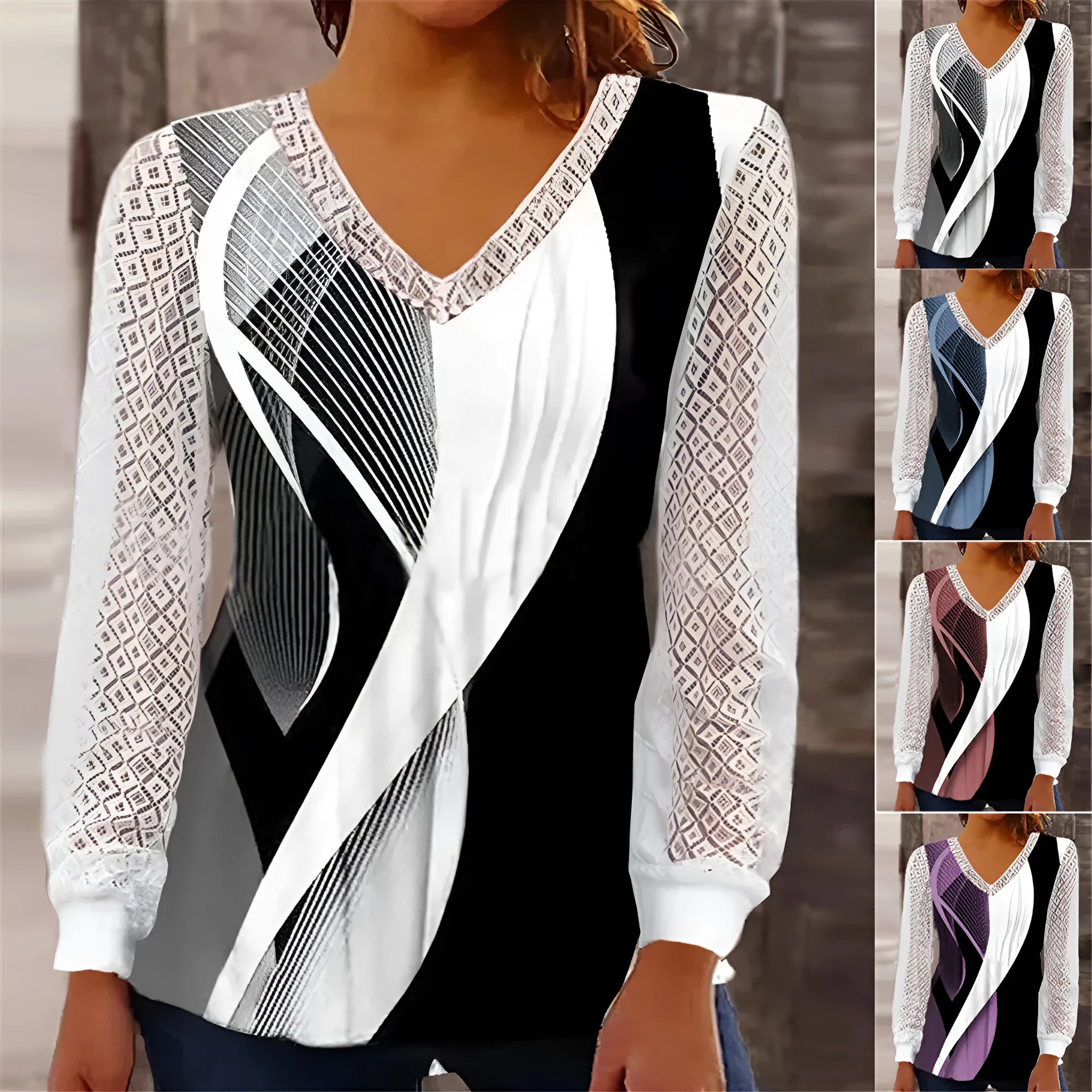 Purple loose V-neck top with hollow-out lace print and long sleeves
