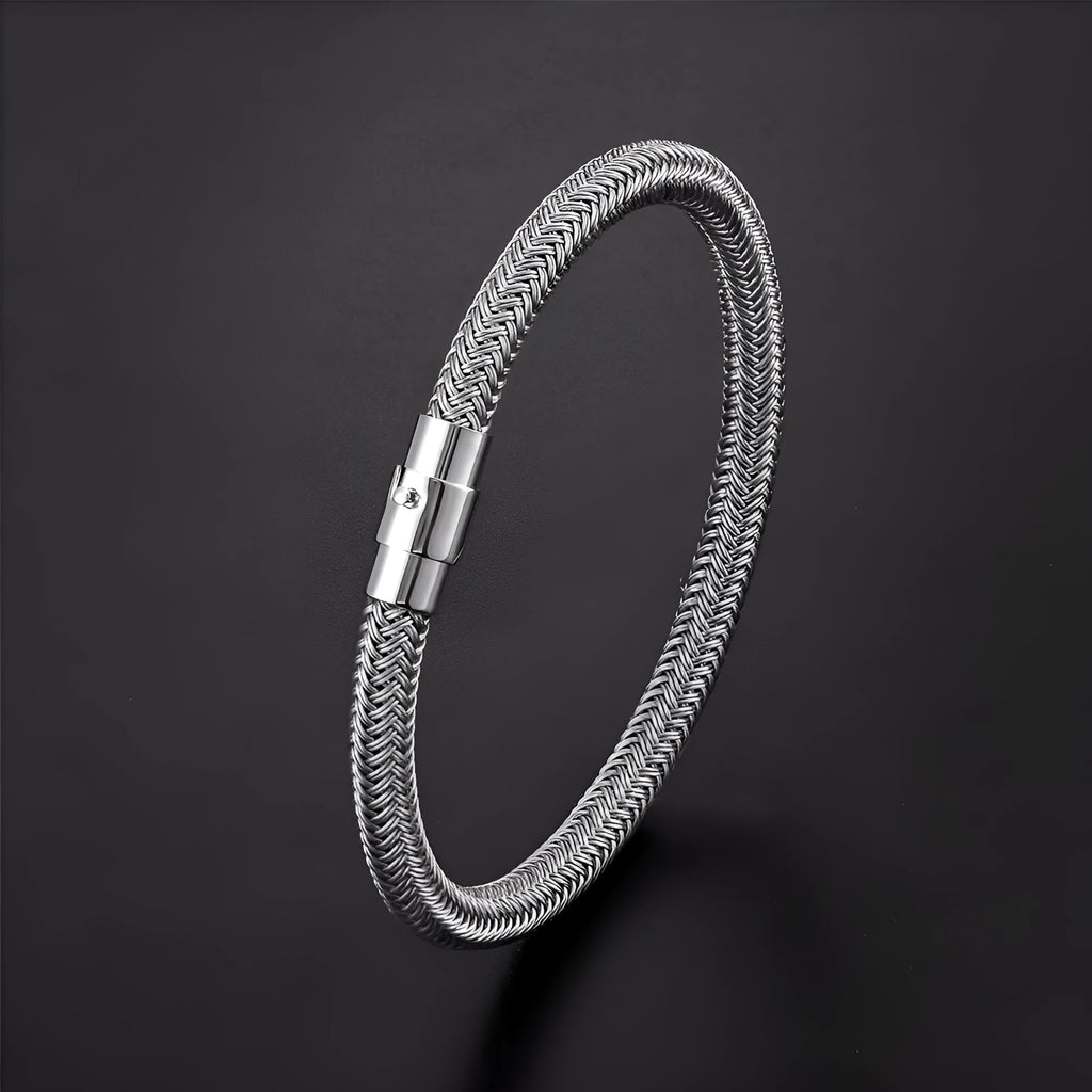 Titanium steel geometric wire bracelet with magnetic clasp shown in silver tone