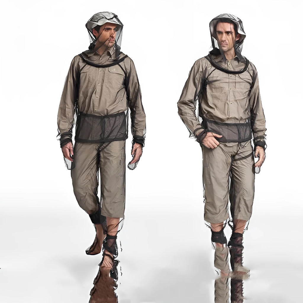 Solid colour mesh anti-mosquito suit for outdoor camping and fishing, shown with hood, pants, and booties.