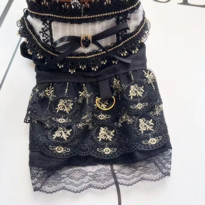 Golden gothic princess skirt dress for a small dog or cat on a mannequin.