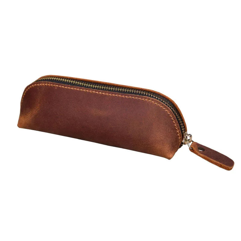 Square cowhide leather pencil case with zipper showing black colour option
