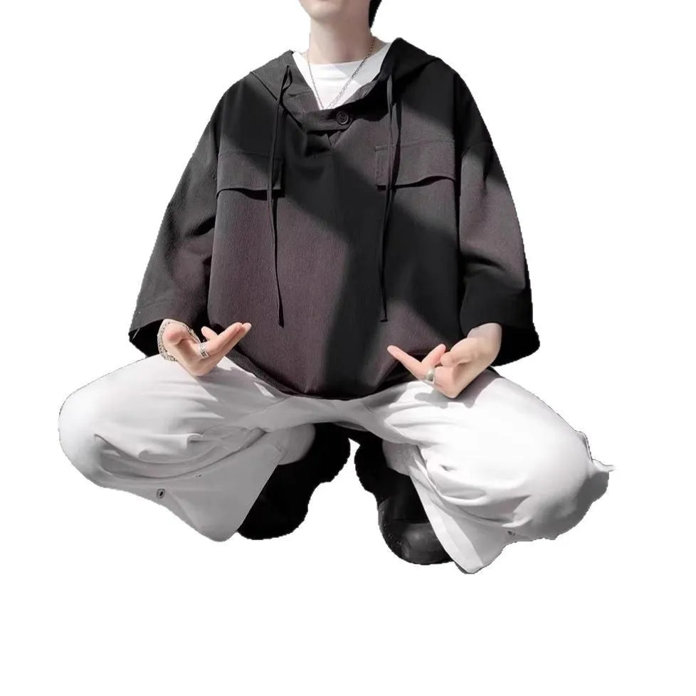 Men's hooded short-sleeve summer t-shirt in polyester loose fit