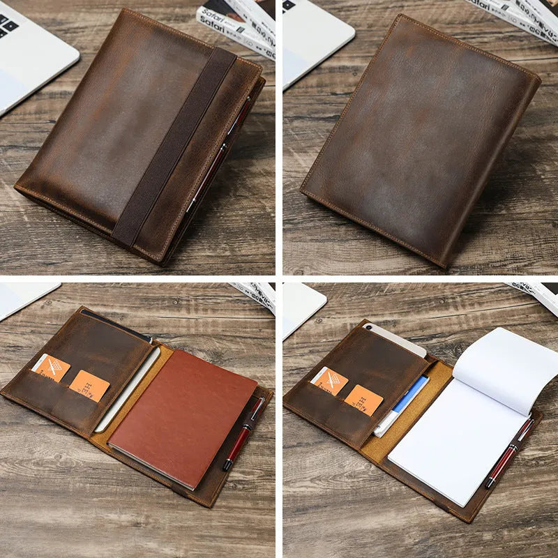 Brown Crazy Horse leather protective sleeve for an A5 notebook, showing square shape and multi-pocket design.