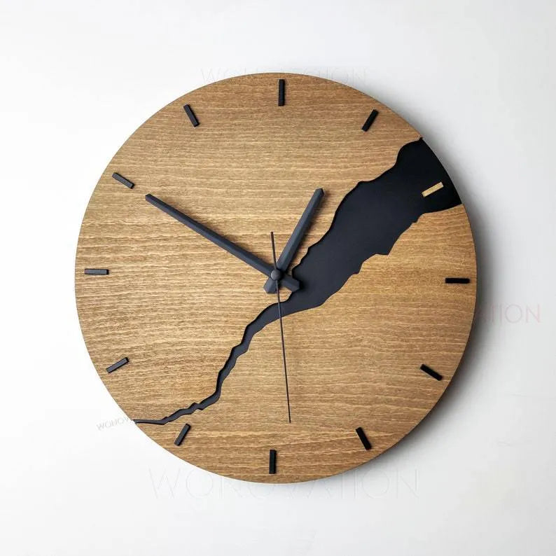 Modern wooden wall clock with cracked texture and silent movement in brown and grey colour options