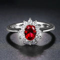 Copper women's floral ring with cubic zirconia stone in electroplated green, blue or red finish
