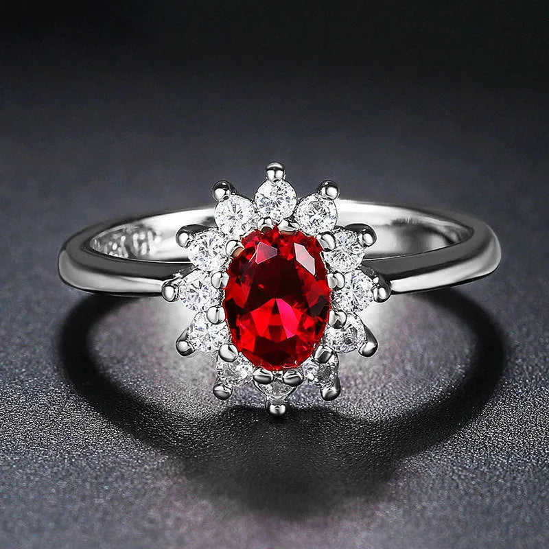 Copper women's floral ring with cubic zirconia stone in electroplated green, blue or red finish