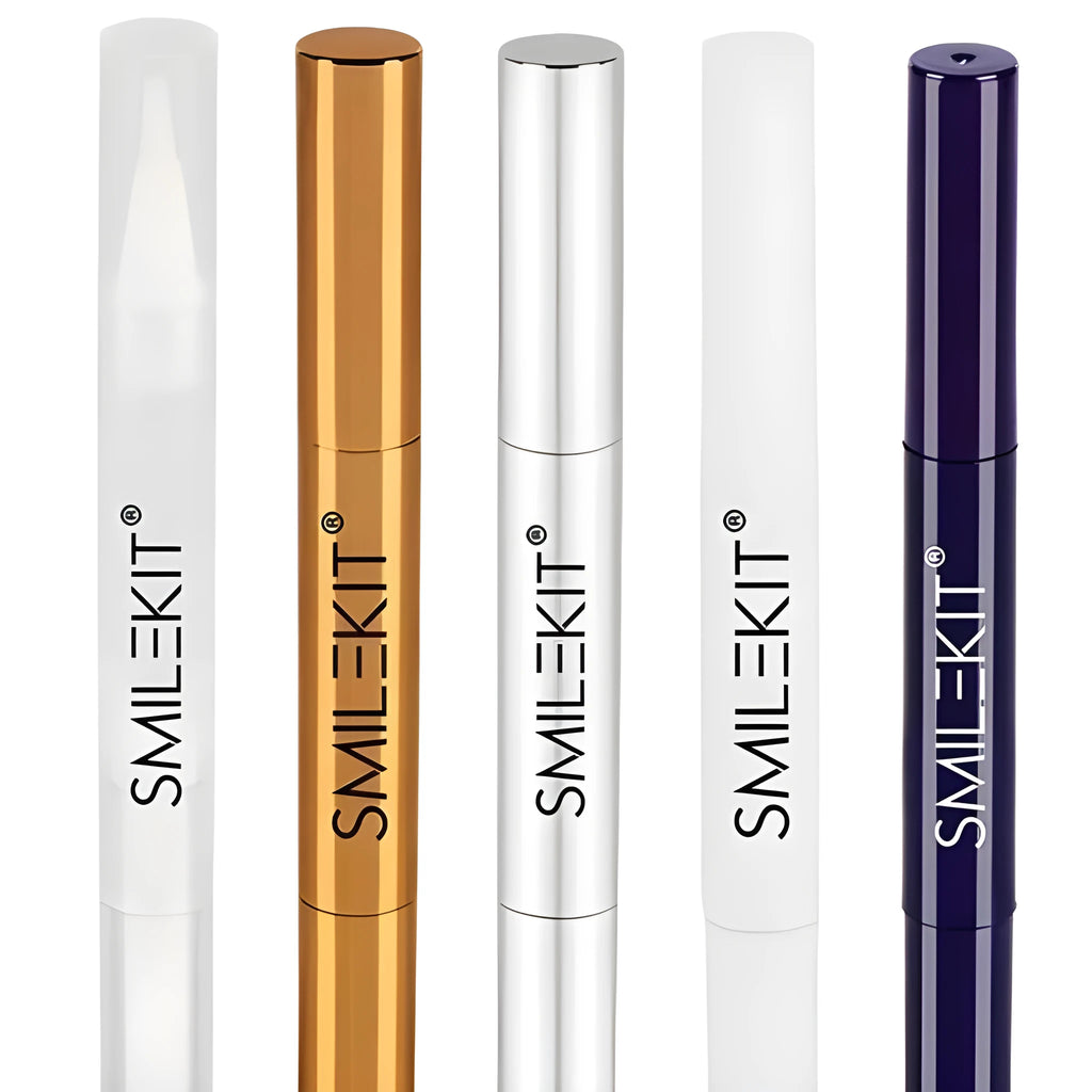 Teeth whitening pen with toothbrush cleaner in gold aluminium case and plastic white options