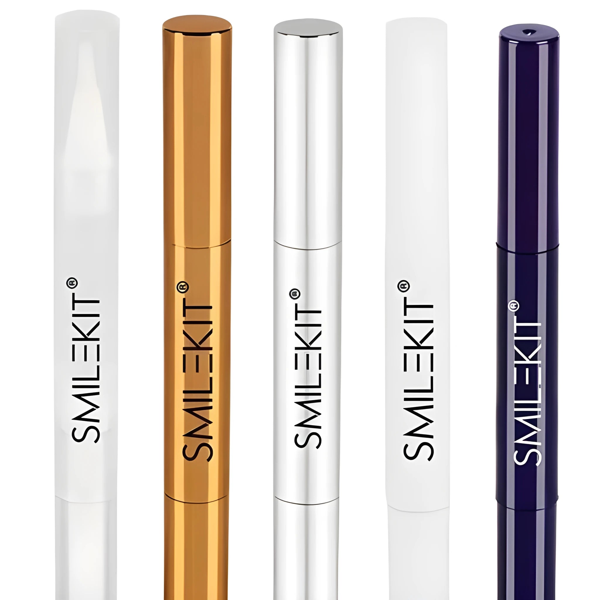 Teeth whitening pen with toothbrush cleaner in gold aluminium case and plastic white options