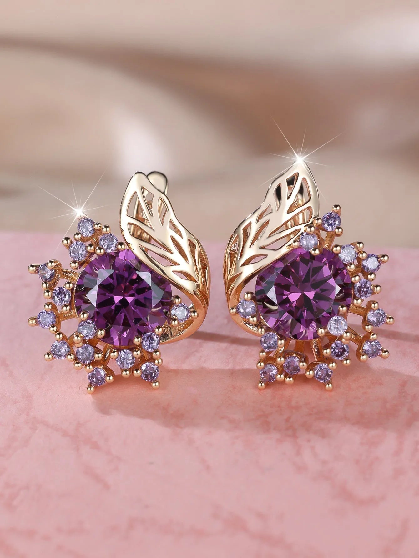Round flower feather earrings with zircon stones in champagne gold finish, six colour options