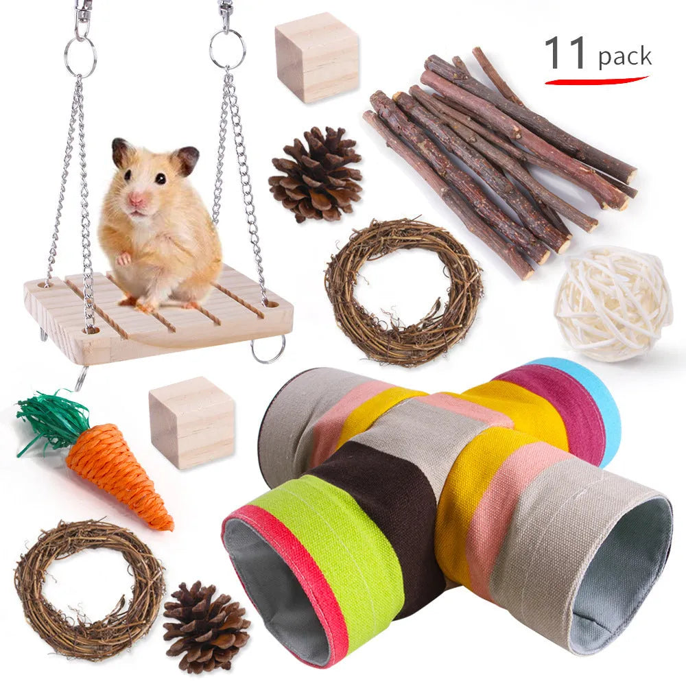 Natural wooden chewing toy set for small animals including straw mats, woven balls and plant-based components