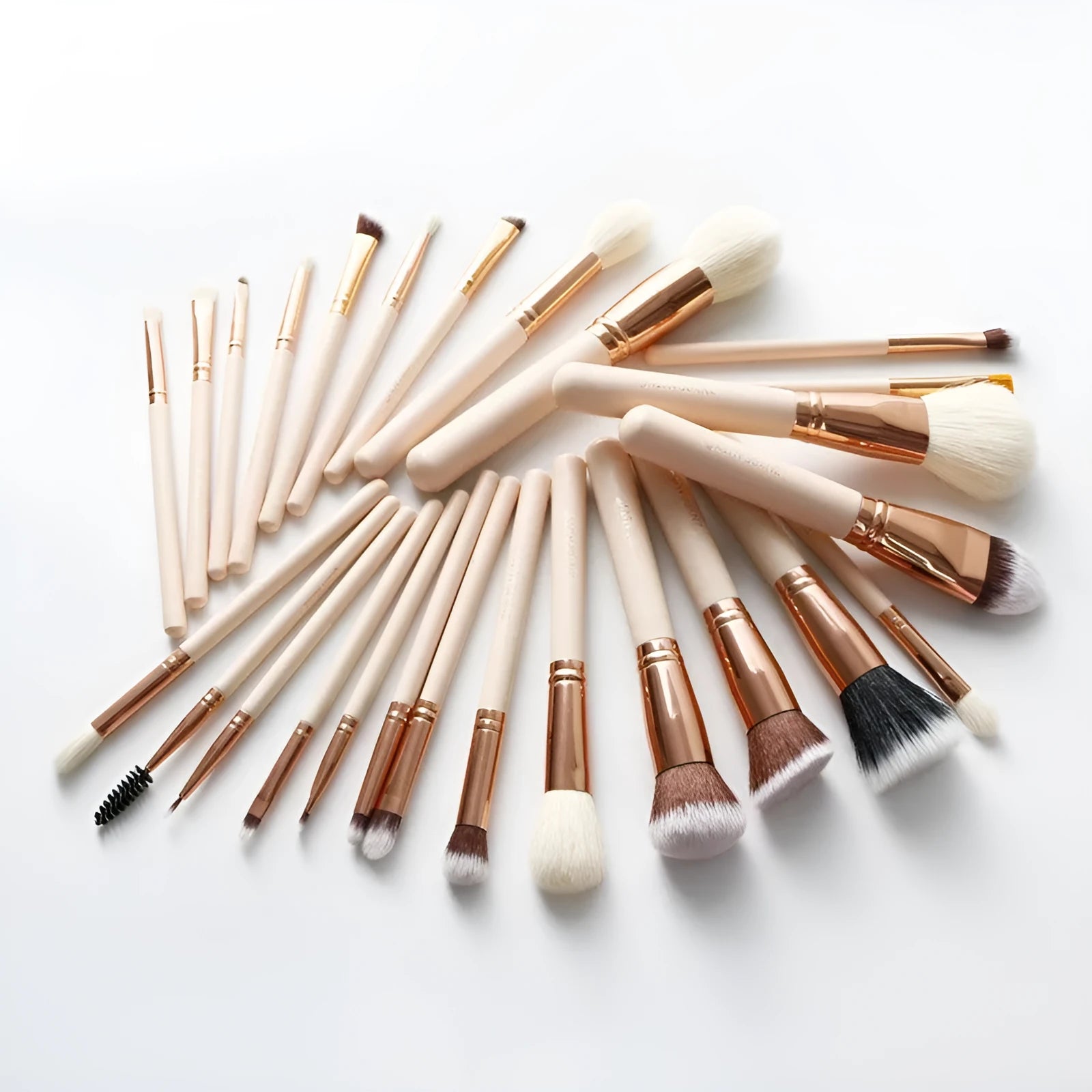 26 pink makeup brushes with wood handles arranged in a PU travel pouch.
