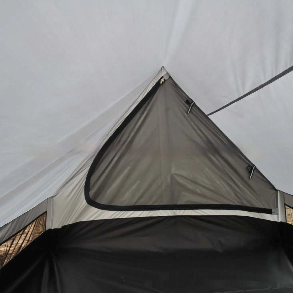 Brown or white A-line pole-free cabin tent for 2-3 people with hiking cane support