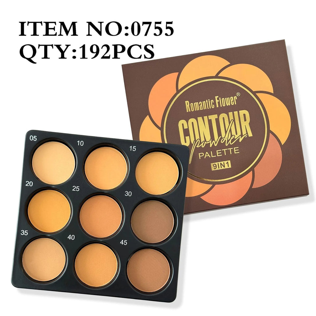 Makeup palette showing nine dark matte eyeshadow colours with waterproof long-lasting formulation