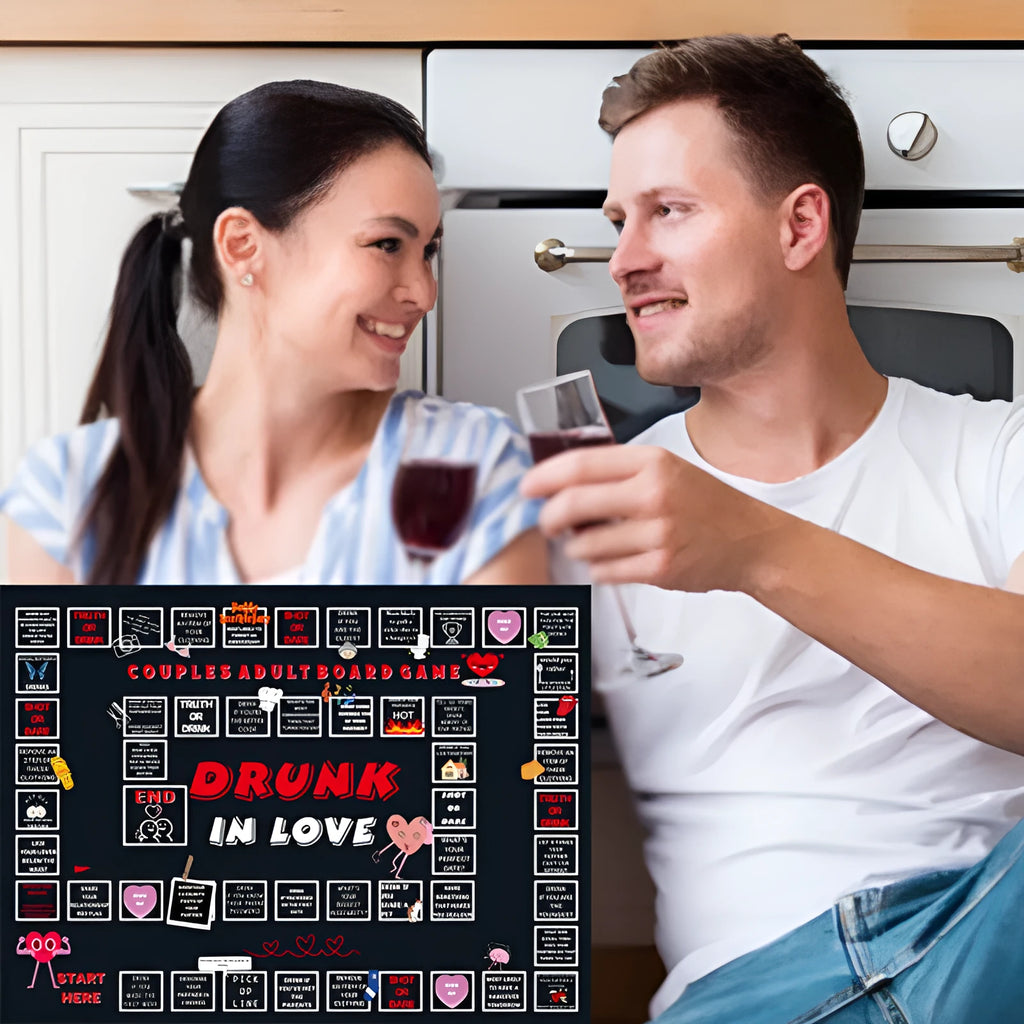Couple drinking board game on photo cloth with drunk love theme and double game board