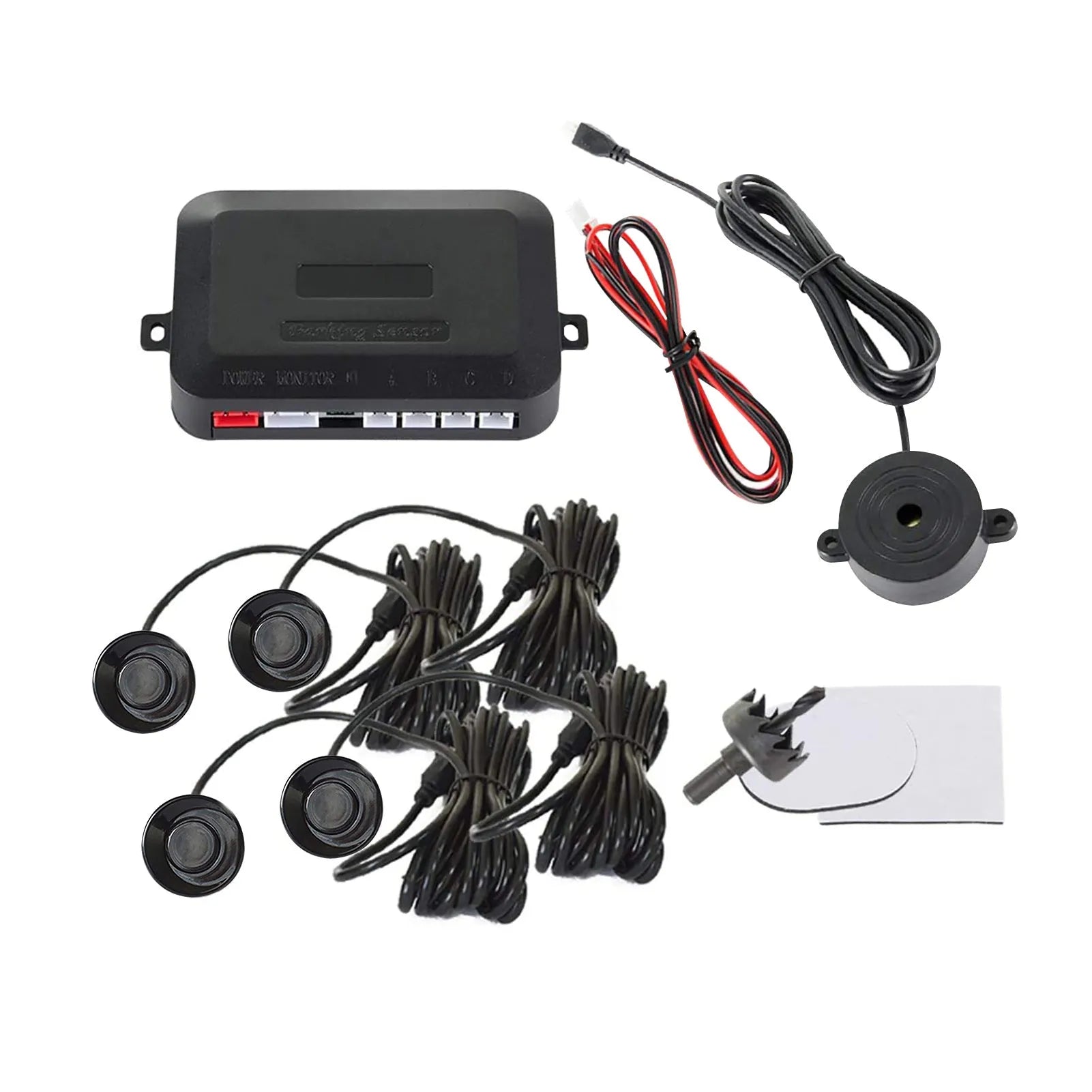 4-probe car parking sensor system with buzzer alert module, sensors in multiple colours, hole saw and installation cables