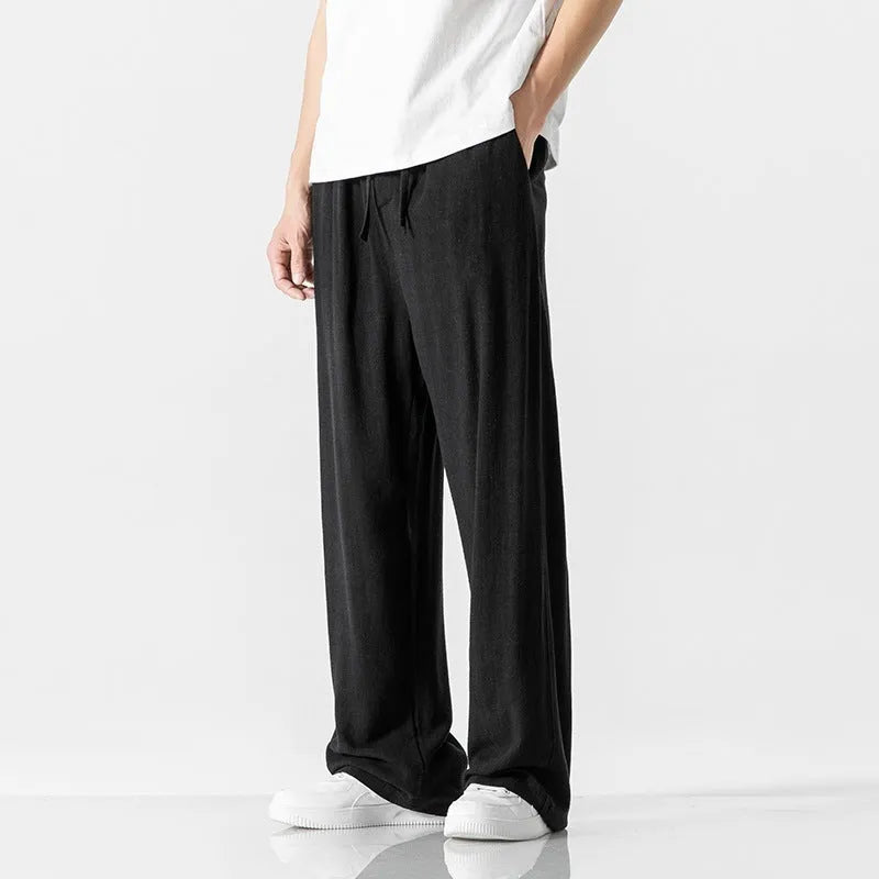 Men's beige bamboo fibre straight leg trousers with cropped length and drawstring waistband