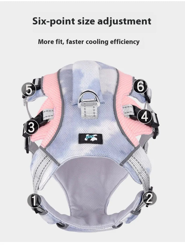 Reflective pet cooling chest strap harness with LED clip in multiple colour options