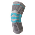 Sky blue elastic fibre knee pad for sports support, shown in size selection S, M, L, XL.